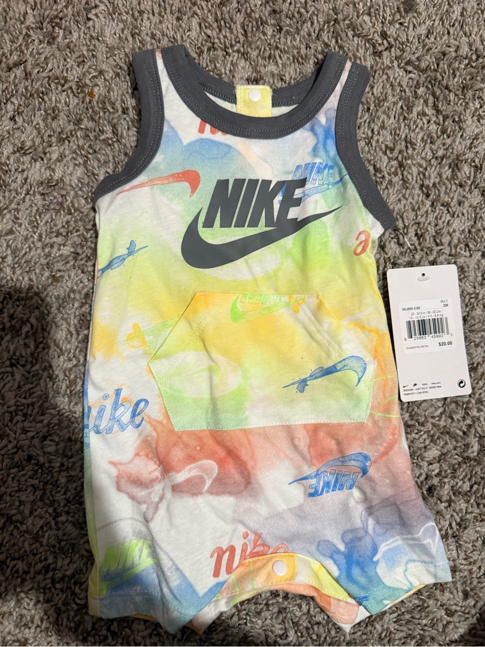 Nike Kids Tie-Dye Logo Tank Romper - Gray Trim Multicolor